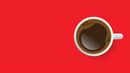 Top view of coffee cup on red background. Concept Creative Banner with Coffee Cup. Design Template. Top View