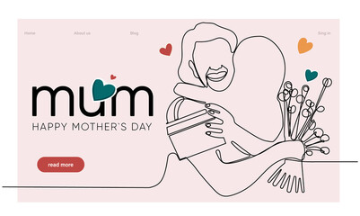 Happy mothers day illustration with woman holding a Flowers. Thank you card with blooming flowers. Use for Boarding Pass, birthday card, invitations, Birthday card
