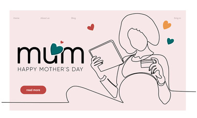 Happy mothers day illustration with woman holding a Flowers. Thank you card with blooming flowers. Use for Boarding Pass, birthday card, invitations, Birthday card