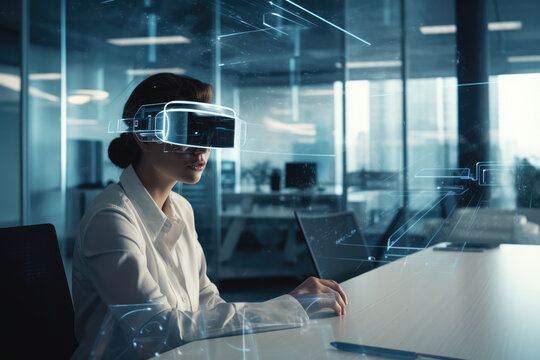 Office worker woman in vr helmet. Female using Virtual reality display in office tasks generative ai.