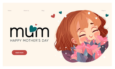 Happy mothers day illustration with woman holding a Flowers. Thank you card with blooming flowers. Use for Boarding Pass, birthday card, invitations, Birthday card
