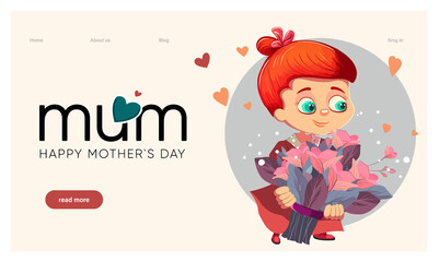 Happy mothers day illustration with woman holding a Flowers. Thank you card with blooming flowers. Use for Boarding Pass, birthday card, invitations, Birthday card
