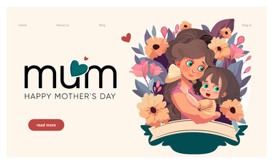 Happy mothers day illustration with woman holding a Flowers. Thank you card with blooming flowers. Use for Boarding Pass, birthday card, invitations, Birthday card
