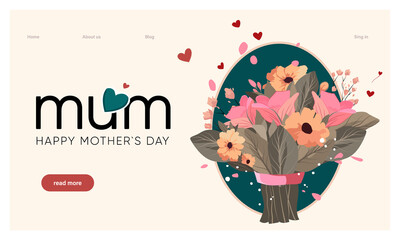 Happy mothers day illustration with woman holding a Flowers. Thank you card with blooming flowers. Use for Boarding Pass, birthday card, invitations, Birthday card
