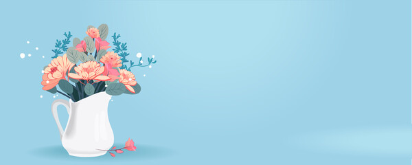 Happy mothers day illustration with woman holding a Flowers. Thank you card with blooming flowers. Use for Boarding Pass, birthday card, invitations, Birthday card