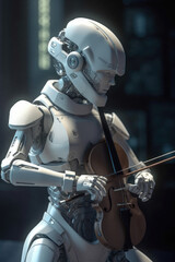 Robot playing violin. Ai with a musical instrument. Futuristic concept technology generative ai.