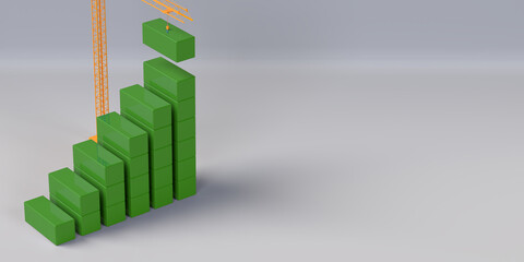 Crane building green blocks high. 3D render construction business finance illustration design. White background, copy space. Real estate, property development. Architecture, engineering concept.