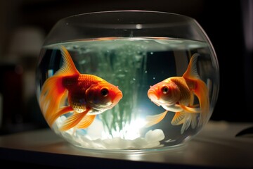 Naklejka na ściany i meble Two ryukin goldfish in contrasting fish bowls - Generative AI