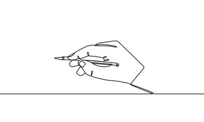 Hand with a Pen Writes One Line Drawing. Writer Concept Abstract Line Art Drawing in Modern Trendy Style. Vector Simple Drawing for Writing, Copywriting, Business Design, Landing Page.