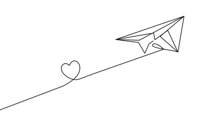 Fototapeta na wymiar Paper Plane Continuous Single Line Drawing Vector. Paper Plane One Line Art Illustration Black Sketch Isolated on White Background in Minimal Style. Airplane Flying Up Abstract Line Art. Love Symbol