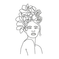 Woman Face One Line Drawing with Flowers. Continuous Linear Floral Art in Minimalist Elegant Style for Wall Décor, Prints, Tattoos, Posters, Postcards, etc. Beautiful Woman Face Abstract Vector Art.