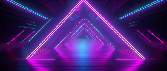 d render, ultraviolet neon triangular portal, glowing lines, tunnel, corridor, virtual reality, abstract fashion background Generative AI