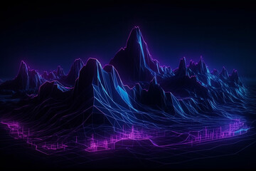 d rendering, abstract virtual reality violet background, Neon wireframe terrain  Generative AI - obrazy, fototapety, plakaty