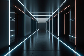 Fototapeta na wymiar A dark corridor lit by white neon lights. Reflections on the floor and walls Generative AI