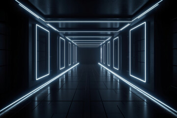 A dark corridor lit by white neon lights. Reflections on the floor and walls Generative AI