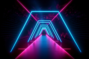 Blue pink neon triangle portal abstract background. Glowing lines, virtual reality tunnel, corridor. Triangle arch with purple neon lights Generative AI