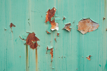 Rusty sheet metal with pieces of paint falling off. Texture.