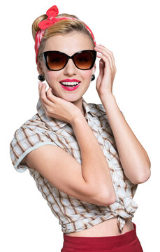 Pinup woman with glasses, young happy sexy woman in pin-up style