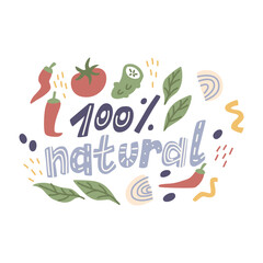 Illustration with hands drawn healthy food and lettering. Vector doodle illustration.