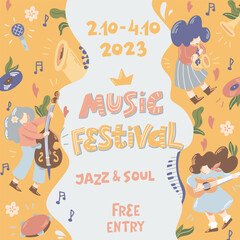 
Music Party. Vector illustration with musical instruments. Concert or festival poster. Frame design with guitar, drums and synthesizer.
