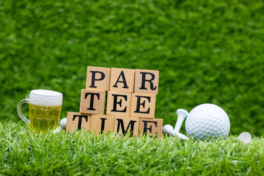 Golf party with ball and beer for golfer on green grass background