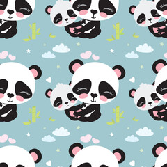 Seamless pattern with cute and funny mother panda hugging little baby asian bear. Texture with adorable forest animals. Wildlife, decoration, wallpaper template.