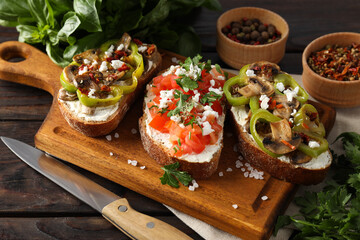 Toasts with tasty grilled vegetables, concept of delicious appetizer