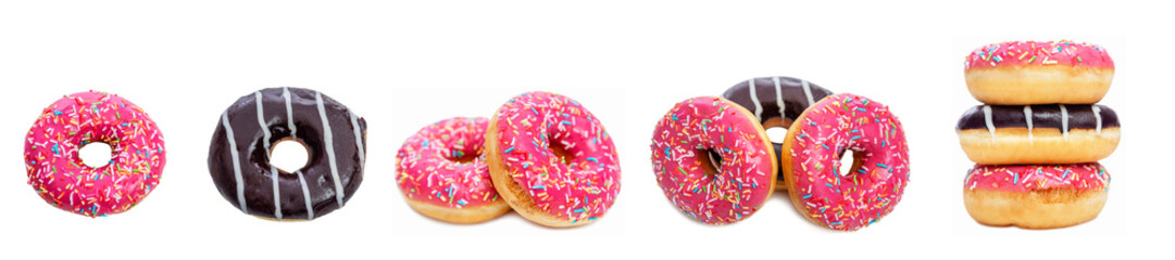 A set of images of bright pink and chocolate donuts with icing, collage. Traditional sweet holiday food. Isolated on white background. Panorama format.