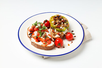 Toasts with tasty grilled vegetables, concept of delicious appetizer