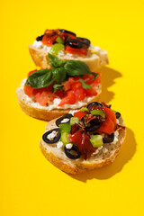 Toasts with tasty grilled vegetables, concept of delicious appetizer