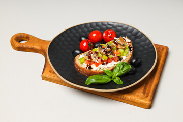 Toast with tasty grilled vegetables, concept of delicious appetizer