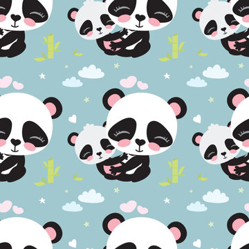 Seamless pattern with cute and funny mother panda hugging little baby asian bear. Texture with adorable forest animals. Wildlife, decoration, wallpaper template.