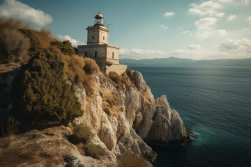Fototapeta na wymiar A lighthouse on the island of Corfu in Greece. Generative AI