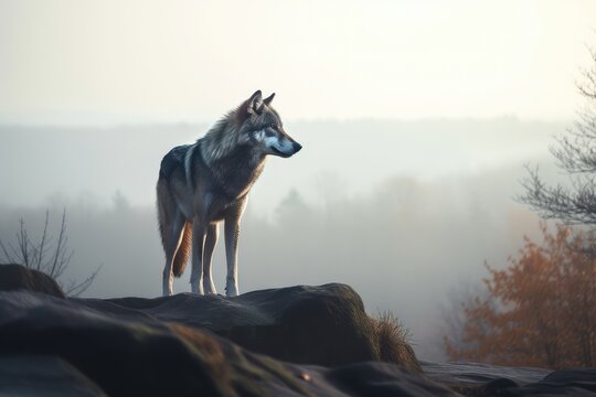 A lone wolf standing on a rocky mountain. distinct generative AI image.