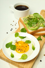 Concept of tasty breakfast, morning meal on white background