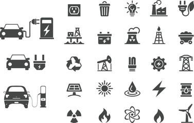 Electricity icon set. Collection of green energy icons. Icons for renewable energy, green technology. Flat style icon. Environmental sustainability simple symbol