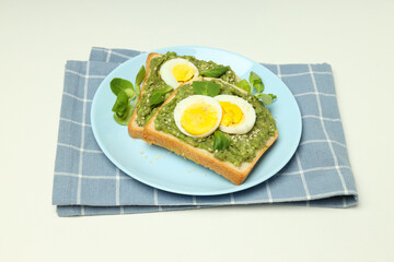 Concept of tasty breakfast, morning meal on white background