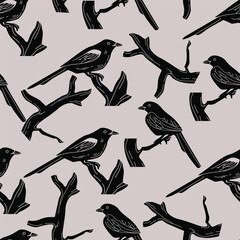Vintage vector seamless pattern of birds. Vector illustration prints for wallpaper, printed products, fabrics. Silhouettes.