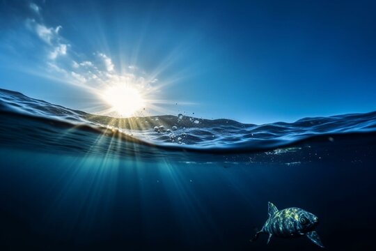 A blue aquatic backdrop with sun and fish. Generative AI