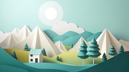 3d paper cut forest landscape mountain paper cut style natural landscape scene illustration