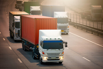 Semi Trailer Truck Driving on Highway Road. Shipping Container Trucks. Commercial Trucks Transport. Delivery. Diesel Trucks. Lorry Tractor. Freight Trucks Logistics Cargo Transport