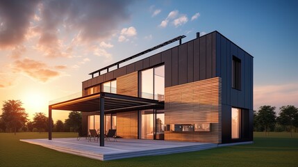 Obraz premium Family house with solar panels and sunrise solar energy system Sunset.