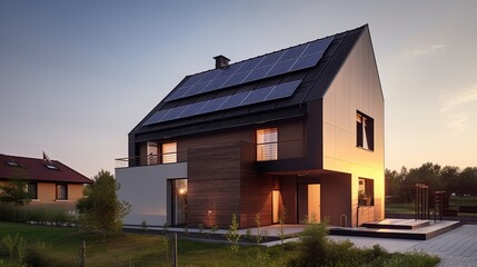 Family house with solar panels and sunrise solar energy system Sunset.