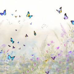 Naklejka na ściany i meble artificial intelligence generated dreamlike watercolor image of a field of wildflowers with butterflies flitting among them. 