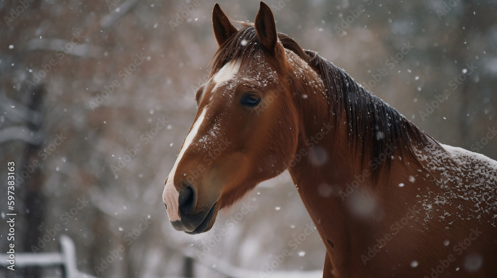 Wall mural A horse in the cold winter snow