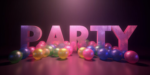 Party Dekoration Hintergrund mit Leuchtfarben und 3D Schriftzug Einladungskarte, ai generativ
