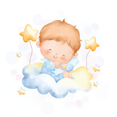 Watercolor illustration cute baby boy sits on cloud with stars