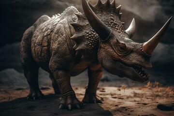 Alert triceratops standing tall. Generative AI - obrazy, fototapety, plakaty