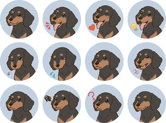 ダックスフンドの表情アイコンセット（スムースコート、ブラックタン）