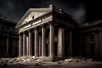 Obraz premium Collapsing financial systems, banking crises, recession, bank runs, interest rates increase, inflation, unemployment, stagnation, bankruptcy, insolvency, image with destroyed bank, generative Ai